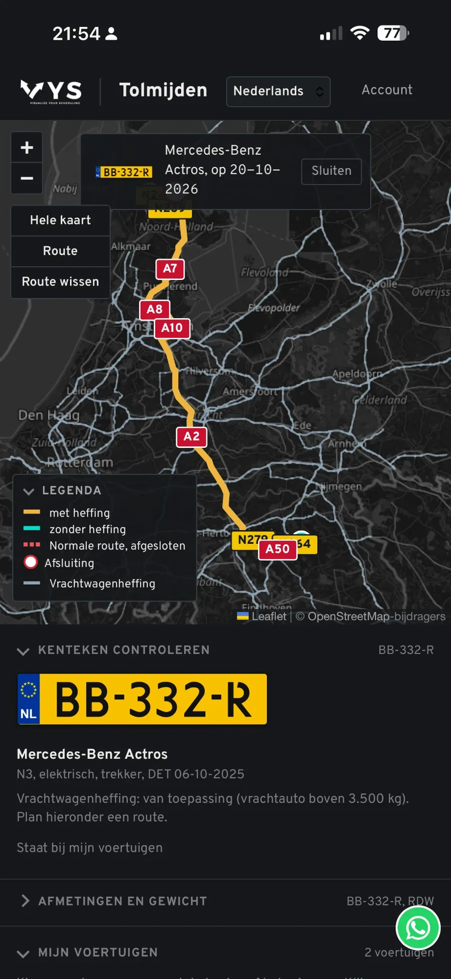 De Tolmijden-app: een vrachtwagen gecontroleerd op kenteken, met de route en de vrachtwagenheffing op de kaart